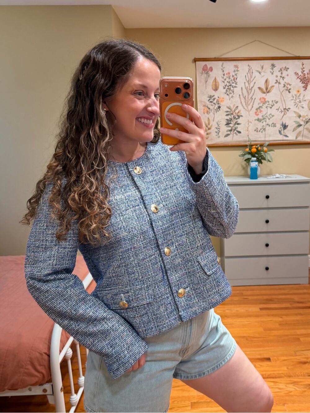 Anthropologie Maeve Blue Tweed Jacket with Gold Buttons Medium